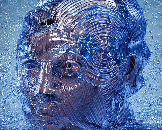 Image similar to a giant abstract sculpture of a human head wrapped in cling film, in the style of chad knight, award winning, cinematic, hyper - realistic, very detailed, realistic water splashes, ray tracing, 8 k resolution, long - shot, sharp focus, low angle, 8 5 mm photograph, wide lens