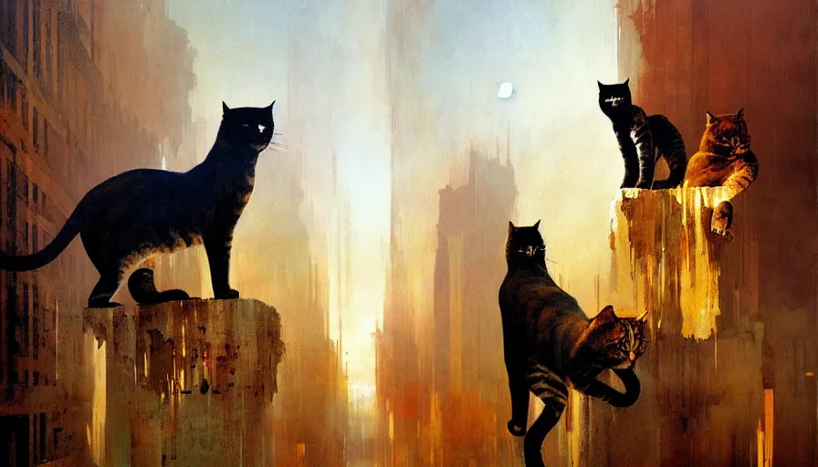 Prompt: contemporary semi abstract acrylic painting of really tall cats by william turner, by greg rutkowski, kessler art, thick brush strokes and visible paint layers, multicolor color scheme