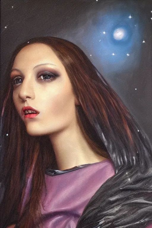 Image similar to hyperrealism oil painting, close - up portrait of european medieval brunette vampire fashion model, knight, steel gradient mixed with nebula sky, in style of baroque