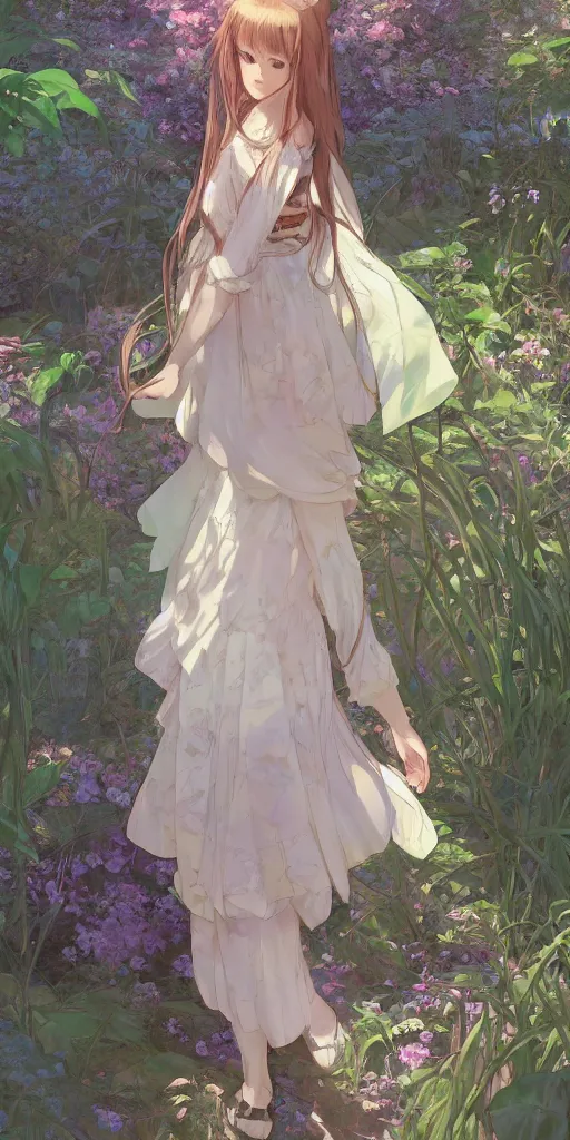 Prompt: a digital art of a loli with long hair in a dress in the privet garden at after noon, green and warm theme, back lighting, by krenz cushart and mucha and akihito yoshida and greg rutkowski and makoto shinkai, detailed eyes, 4 k resolution, trending on art station