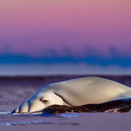 Image similar to a cute beluga on a beach, sun bathing, golden hour, vivid color, hyper realistic photograph