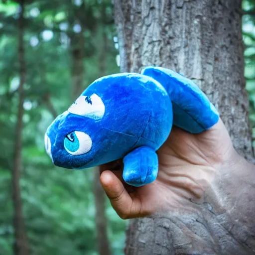 Prompt: blue'snappy gifts'plush, mascot, in magical forest, gifts, dark atmosphere, high detail, soft lighting, 8 k