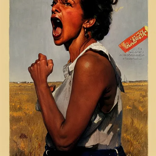 Image similar to head and shoulders portrait of brown woman, fierce, shouting, snarling, fully clothed, three quarter profile, norman rockwell, jacob collins, tom lovell, frank schoonover