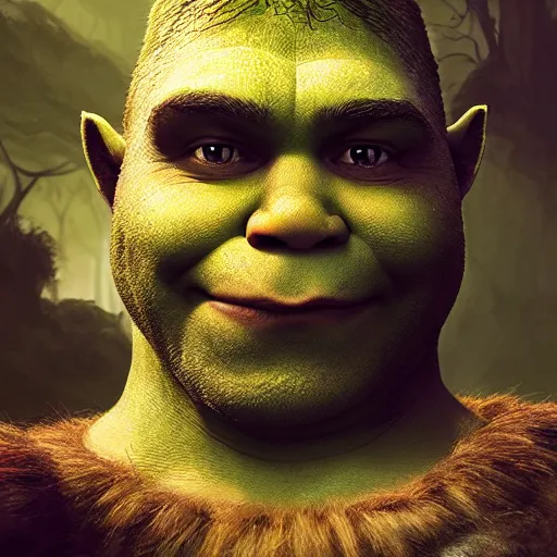 Image similar to portrait of Shrek, amazing splashscreen artwork, splash art, head slightly tilted, natural light, elegant, intricate, fantasy, atmospheric lighting, cinematic, matte painting, by Greg rutkowski