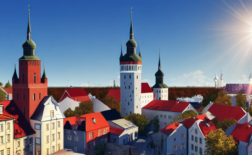 Prompt: photorealistic Tallinn on a sunny day . daylight. sunlight. lens flare. light fixtures. 8K. detailed. photorealism. artstation. 25mm f/1.7 ASPH Lens. ultra realistic