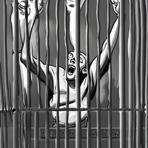 Image similar to a screaming prisoner holding prison bars, realism