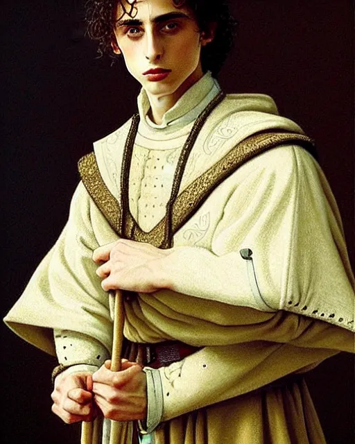 Image similar to timothee chalamet medieval portrait, armored priest, delicate detailed medieval portrait in the style of eugene de blaas, perfect face