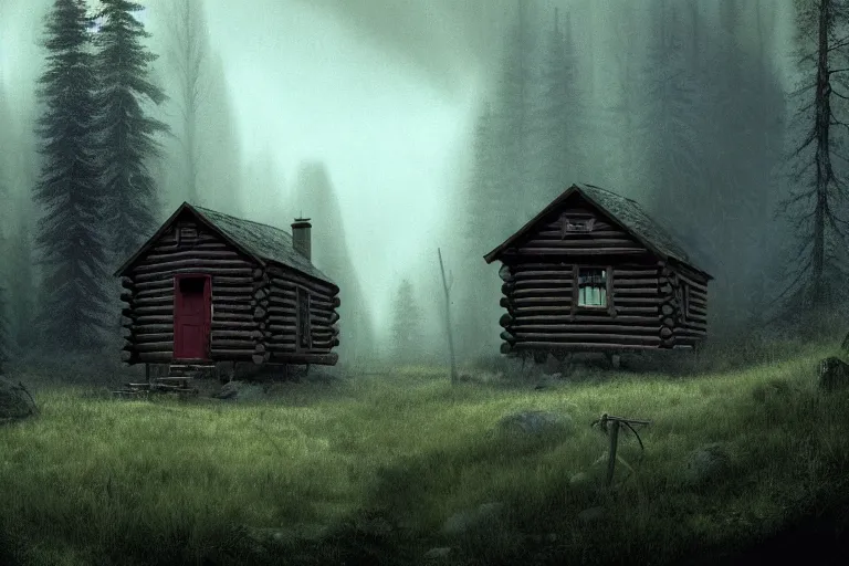 Image similar to a small cabin in the middle of the woods, a matte painting by john carpenter, reddit contest winner, american barbizon school, matte painting, horror film, movie still