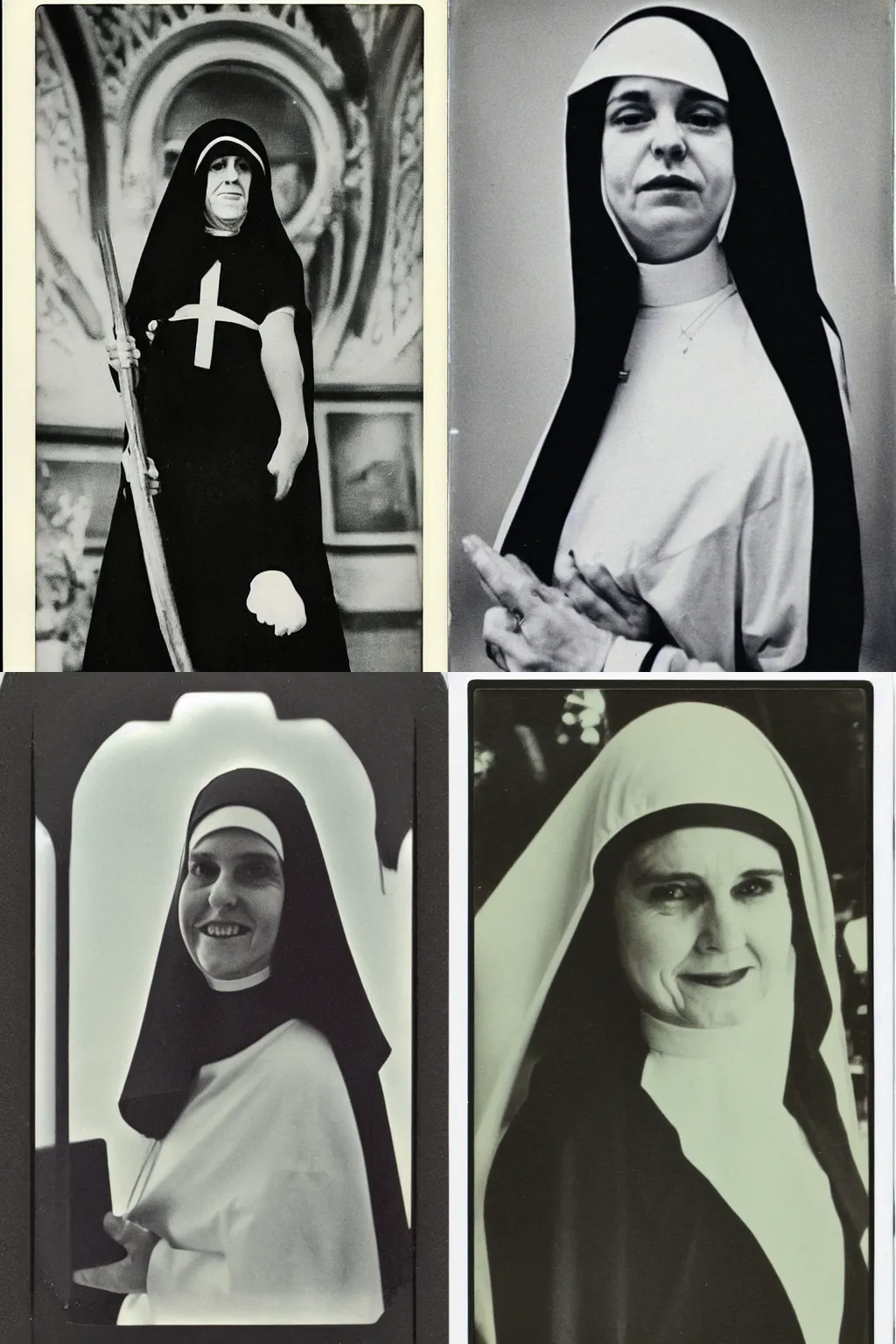 Prompt: 1970s, photo, a polaroid photo, art nouveau, dribble, a nun with long hair posing for a picture