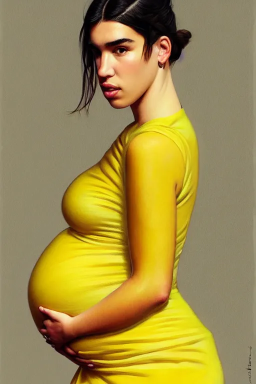 Image similar to pregnant dua lipa in a yellow dress, realistic portrait, symmetrical, highly detailed, digital painting, artstation, concept art, smooth, sharp focus, illustration, cinematic lighting, art by artgerm and greg rutkowski and alphonse mucha