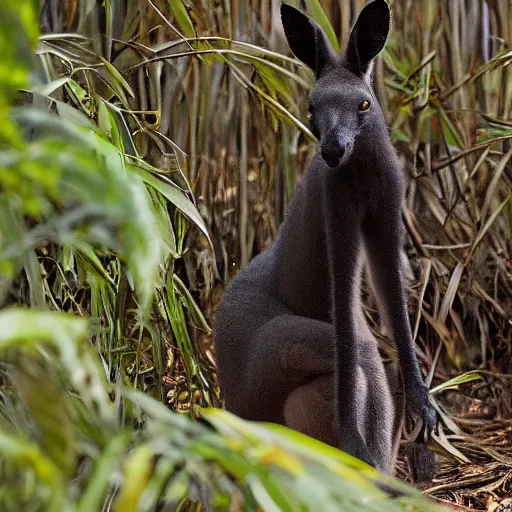 Image similar to photograph of a black Kangaroo spying in a dense jungle, military kangaroo, machine gun