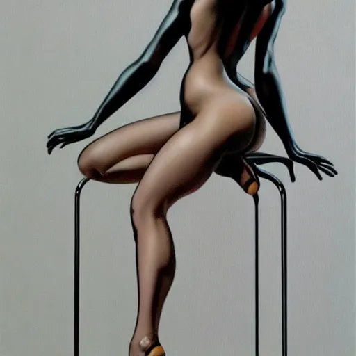 Prompt: artstation a woman posing on a stool, by Hajime Sorayama, very detailed, close up, sideways