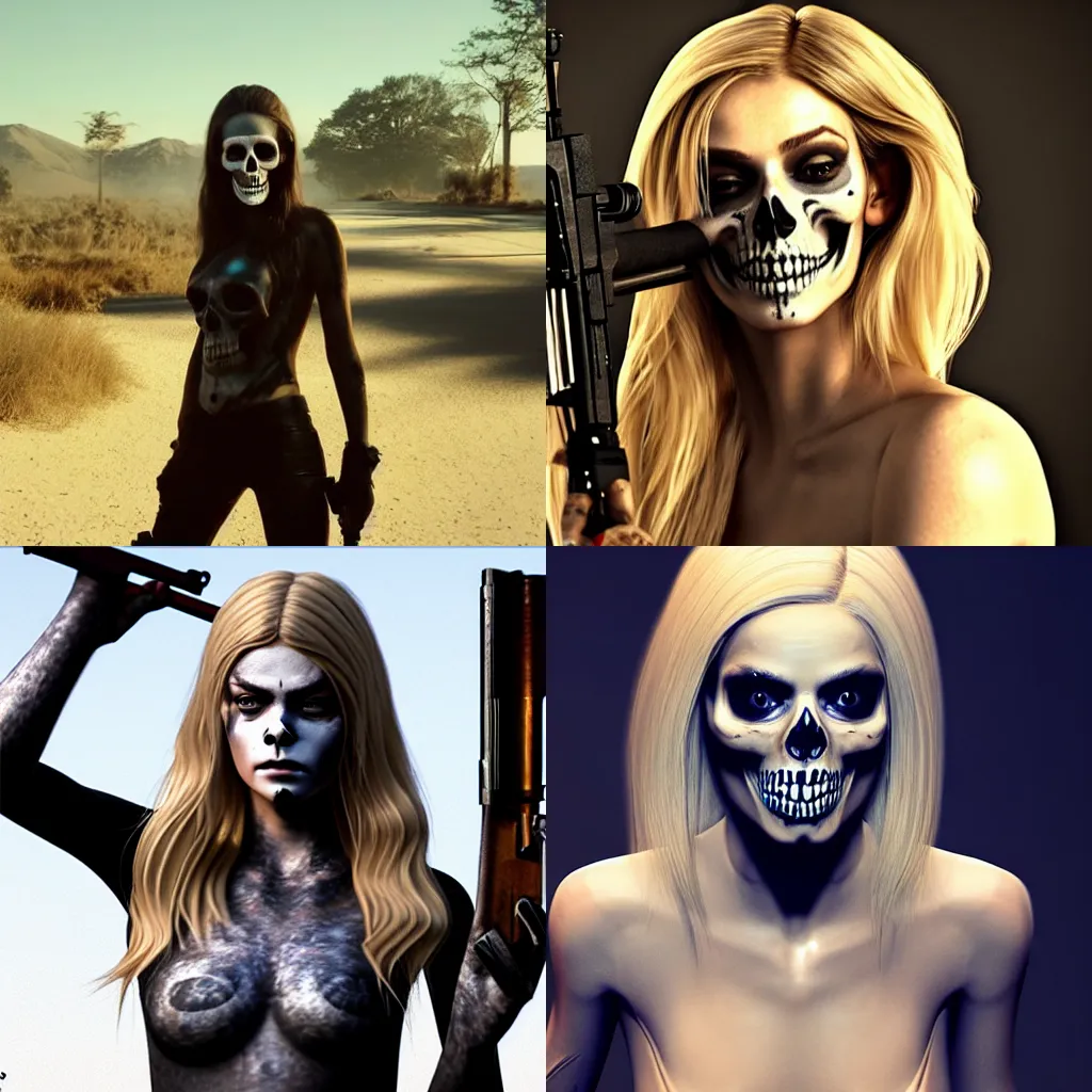 Image similar to octane, Unreal engine, Samara Weaving with skull paint, full body, holding a shotgun