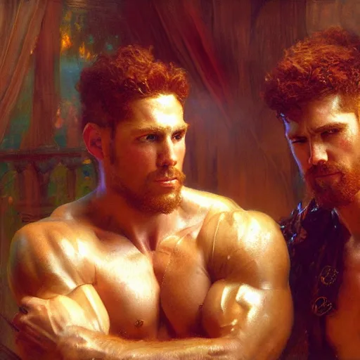 Image similar to attractive muscular mike with ginger hair with muscular attractive tyler with brunet hair, drinking their hearts out, in their noble mansion. very defined and highly detailed painting by gaston bussiere, craig mullins 8 k