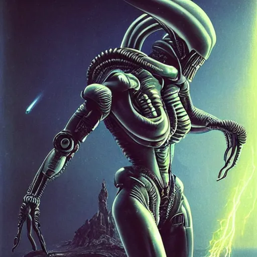 Prompt: a highly detailed 3D portrait of an attractive female cyborg standing holding a strange xenomorphic weapon in a seductive pose ready for battle. Alien spaceship high in the background. Flowing beautiful hair, anatomy portrait, fullbody, symmetrical and science fiction theme with lightning, aurora lighting clouds and stars. Clean and minimal design by beksinski, carl spitzweg, HR Giger and Tuomas Korpi and bouguereau and Zdzislaw Beksinski, good clear quality, lighting, biology, symmetrical artwork, perfect face, 135 mm, cinematic, hyper realism, high detail, octane render, 8k, crimson accents