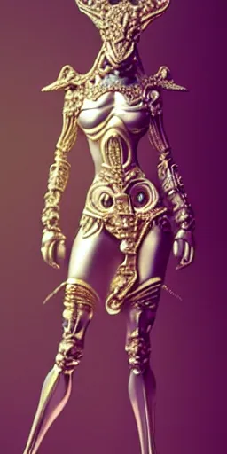 Image similar to a photo of a female in wearable sculpture art, ornate, metal works, intricate details, elegant, highly detailed, digital photography, artstation, glamor pose, concept art, smooth, sharp focus, art by artgerm and greg rutkowski, 3 d character, whole body, full body, film, photorealistic, unreal engine