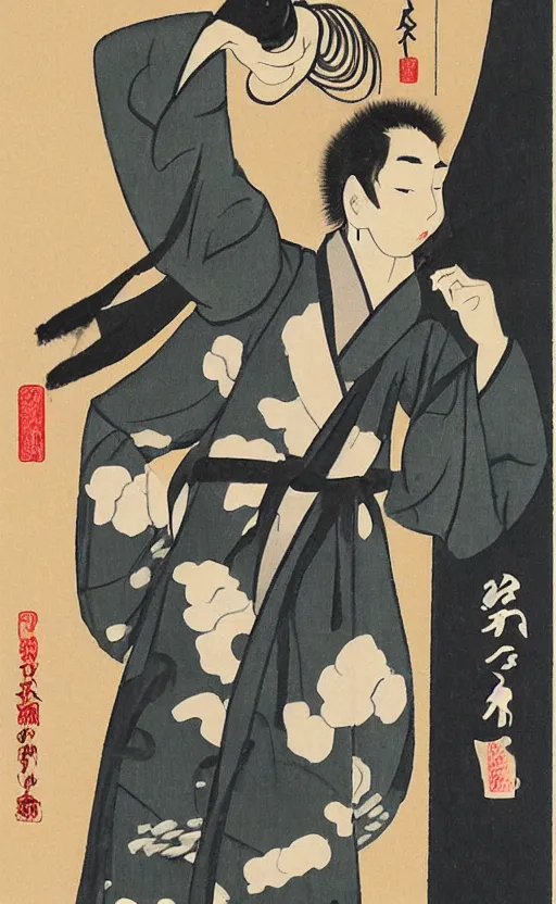 Image similar to by akio watanabe, manga art, male calligrapher running with brush, kimono, trading card front