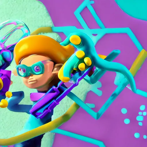 Prompt: splatoon in teal and purple, claymation, 4 k, action, nintendo, width 1 0 2 4