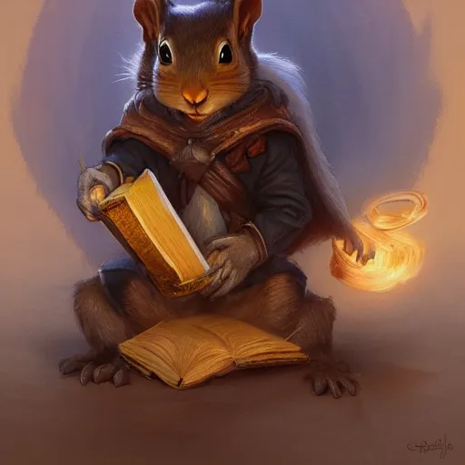 Image similar to a detailed portrait of a squirrel wizard holding an ancient book, by justin gerard and greg rutkowski, digital art, realistic painting, dnd, dungeons & dragons, character design, trending on artstation