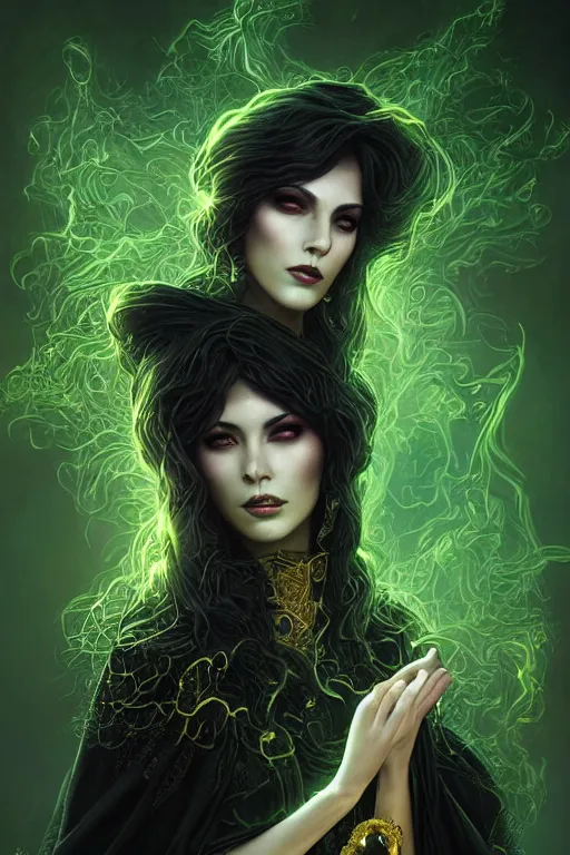 Prompt: a close - up portrait of a hauntingly beautiful sorceress wearing a black robe with gold embroidery, casting a spell, green glows, painted by artgerm and tom bagshaw, highly detailed digital art