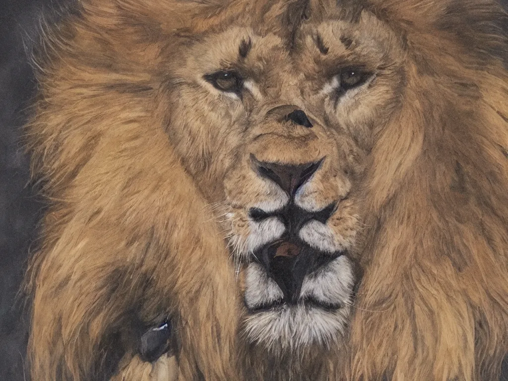 Image similar to an abstract portrait of a lion with a human face wearing a suit, photorealistic