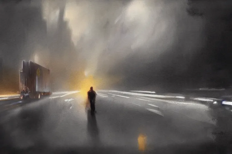 Image similar to epic concept art of an approaching truck and a man standing still. close - up man in foreground. backlight. rim light, strong contrast. by ashley wood and j. m. w. turner, speed painting, photo bash, cinematic angle, super detailing, strong perspective, traffic accident, haze over the shoulder shot