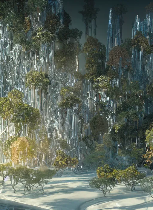 Image similar to beauteous sumptuous white pearlescent iridescent organic forest, crystal, gold, copper, bronze biomechanical with incredible iridescent pearlescent voluminous neon vegetation, crystalline masterpiece incrustations, hyperdetailed animals, movie still, intricate, octane render, cinematic forest lighting, unreal engine, crepuscular rays, god rays