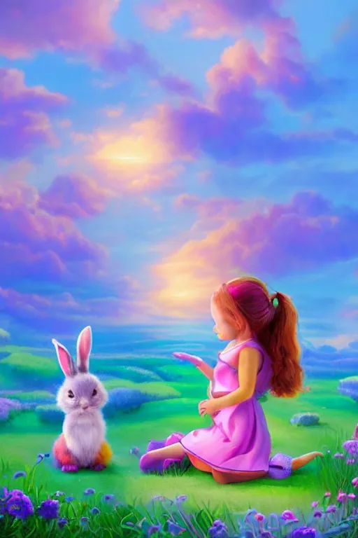 Image similar to matte sharp painting cute little girl and rabbit landscape painted by mark rydel artstation behance storybook lisa frank