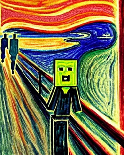 Prompt: minecraft creeper as the subject in the scream by edvard munch