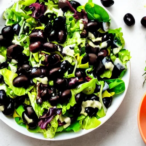 Prompt: a salad with black olives on it