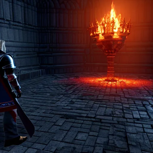 Image similar to donald trump in dark souls, sen's fortress, ps 5 screenshot, isometric view, third person gameplay, 3 d render, cryengine, highly detailed