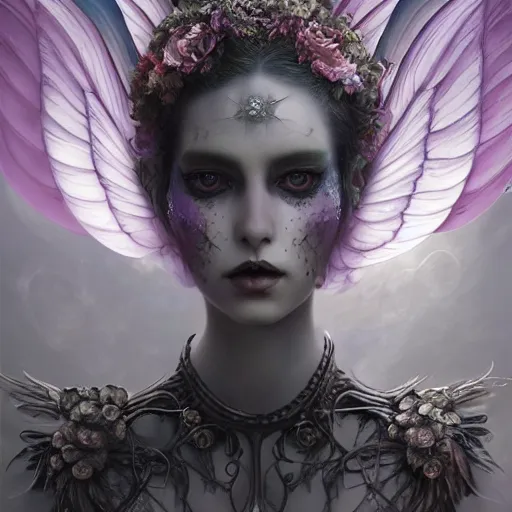 Image similar to tom bagshaw, soft painting fractal curiosities fairy carnival, single beautiful female facing camera huge wings in full nightshade gothic armor, accurate features, focus, very intricate ultrafine details, black white purple volumetric clouds, award winning masterpiece, octane render 8 k hd