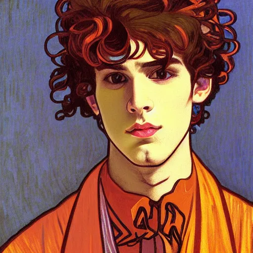 Image similar to painting of young cute handsome beautiful dark medium wavy hair man in his 2 0 s named shadow taehyung at the halloween pumpkin jack o'lantern party, melancholy, autumn colors, japan, elegant, clear, painting, stylized, delicate, soft facial features, delicate facial features, soft art, art by alphonse mucha, vincent van gogh, egon schiele