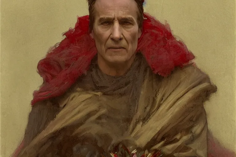 Image similar to the end is near. a tired julius caesar is sitting on a throne. face is highly detailed. splices of red are running down his toga. mist. low angle close - up shot. dark background. soft light. imagined by jeremy lipking and alphonse mucha