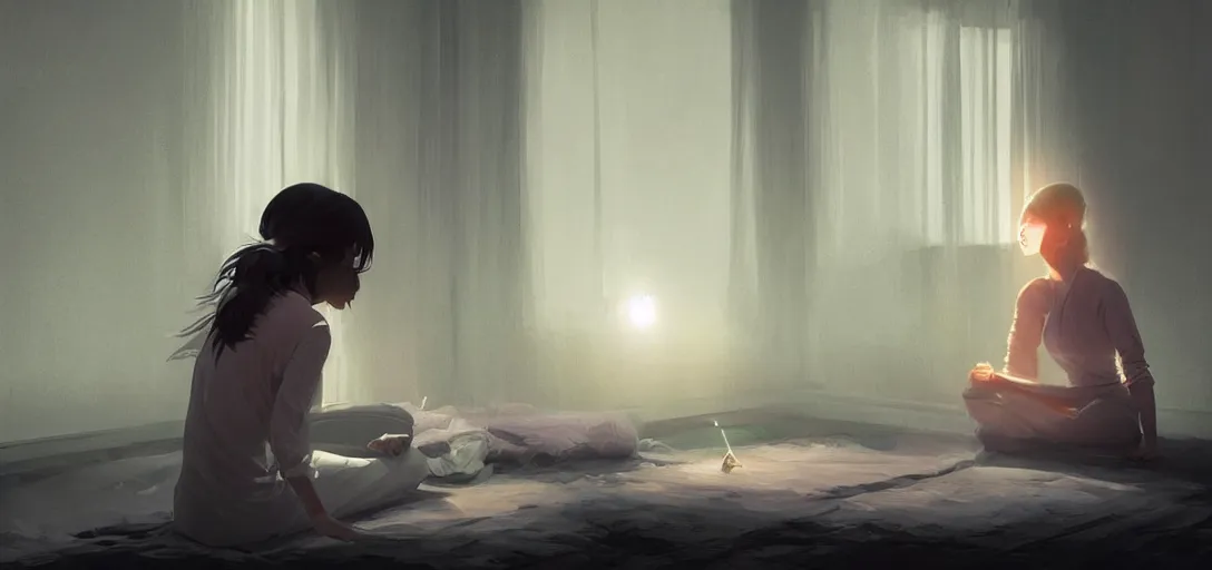 Image similar to Young Himalayan woman sitting concerned in an empty room with loneliness using psychic powers to make a lighter float| night time scene, plain walls |somber white eyes, long messy hair | gentle lighting, futuristic, dim lighting, digital art by Makoto Shinkai ilya kuvshinov and Wojtek Fus, digital art, concept art,