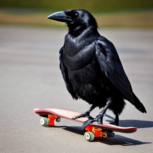 Image similar to a photo of a crow riding a skateboard