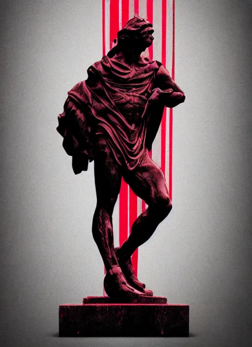 Image similar to dark design poster showing a heroic greco roman statue, black background with very subtle red and purple design elements, powerful, nekro, vito acconci, thin straight lines, dark, glitch art, neo vaporwave, gritty, layout frame, square, trending on artstation