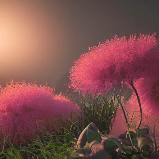 Image similar to Luminescent flower blooming at twilight, realism, photorealism, f 3.5, photography, octane render, highly detailed, vray, volumetric lighting,