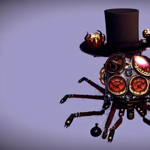 Image similar to a steampunk spider wearing a top hat, 8 k, unreal engine 6, hyper detailed, highly coherent,