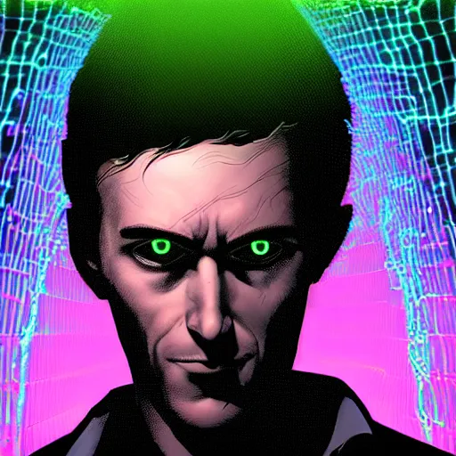 Prompt: “portrait of main character of Neuromant book on his face VR set, high detailed, wide and straight in face angle, in the background big mainframe with python code running on it(black and green color) many wires. volumetric light, epic light, by Steve Dillon, Glenn Fabry, Matt Hollingsworth, Pamela Rambo in style of Preacher comics(1995-2000)”