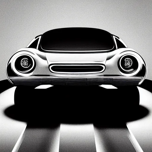 Prompt: the car from the future, vintage, futuristic style, retro - futurism, black and white, poster