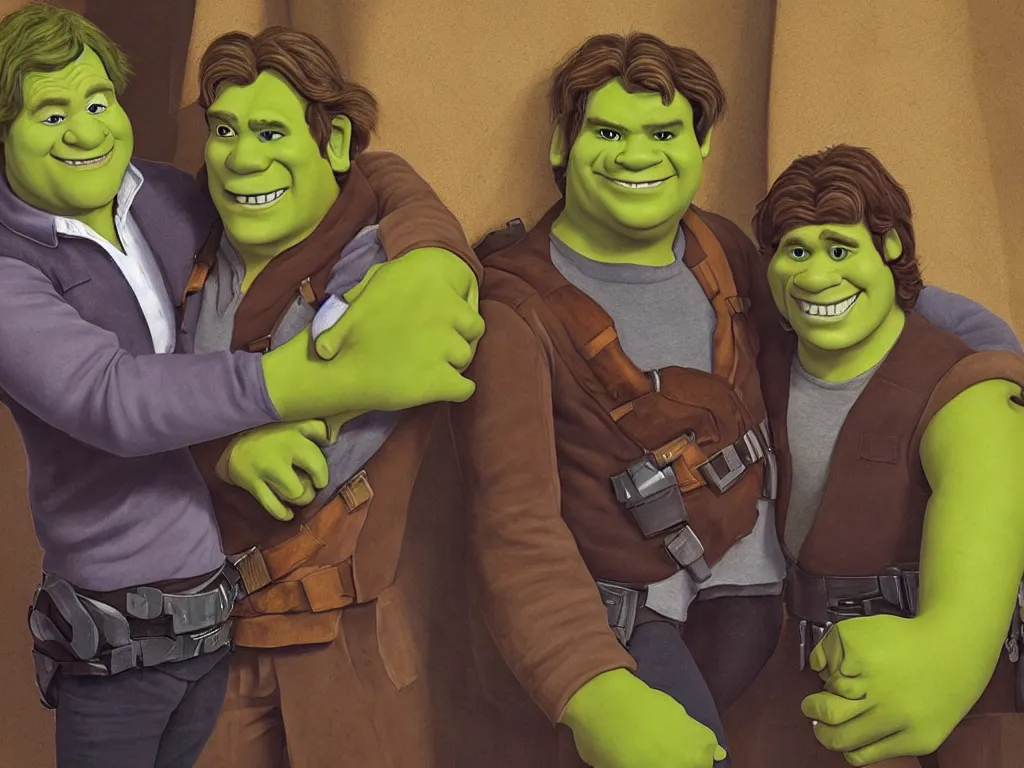 Prompt: portrait of Han Solo and Shrek, dressed the same with their arms around each other, friends, smiling