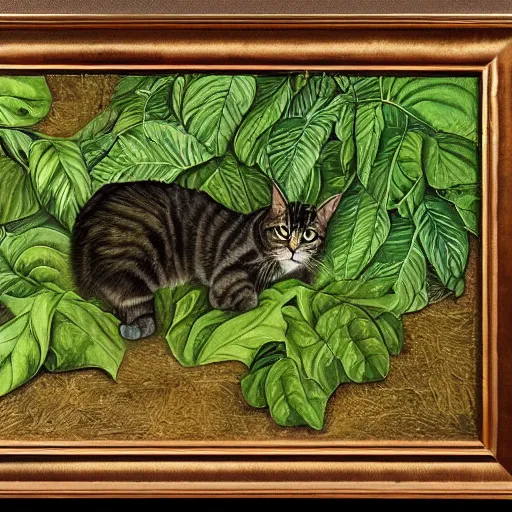 Image similar to a reneissance painting of a maincoon cat among big green leaves, very detailed, in the style of mantegna