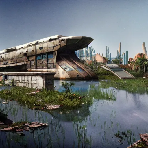 Image similar to post - apocalyptic epcot center, wasteland, submerged, monorail, abandoned, wet, swamp, walt disney world, highly detailed, intricate, 8 k