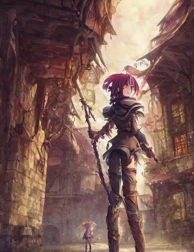 Image similar to scenic wide angle portrait of a teenage girl in town center, confident knight's outfit, anime in fantasy style, trending artwork, painted in anime painter studio, by anato finstark, tony sart, marc simonetti and an anime artist, collaboration