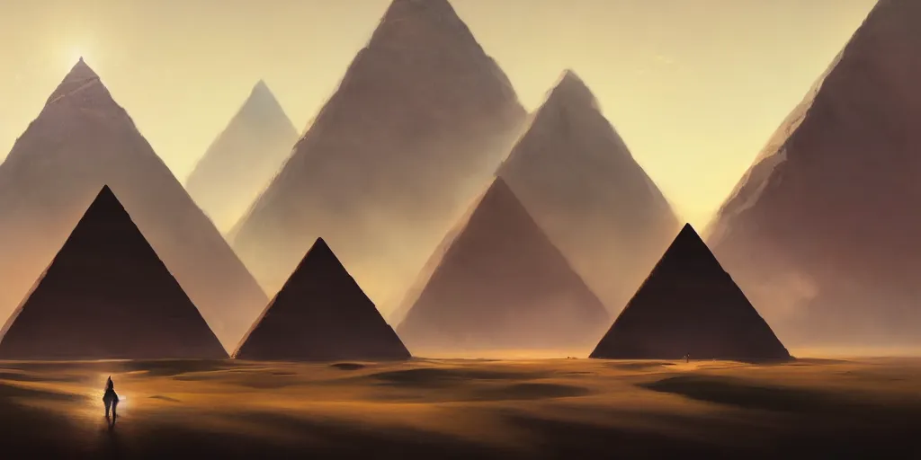 Prompt: pyramids, extremely detailed minimalist painting, in the style of fenghua zhong and ruan jia and jeremy lipking and peter mohrbacher, mystical colors, rim light, beautiful lighting, 8 k, stunning scene, raytracing, octane, trending on artstation