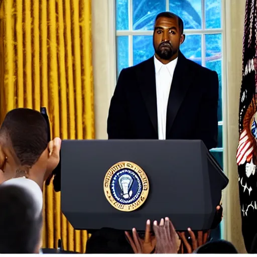 Prompt: president kanye west giving a speech at the white house