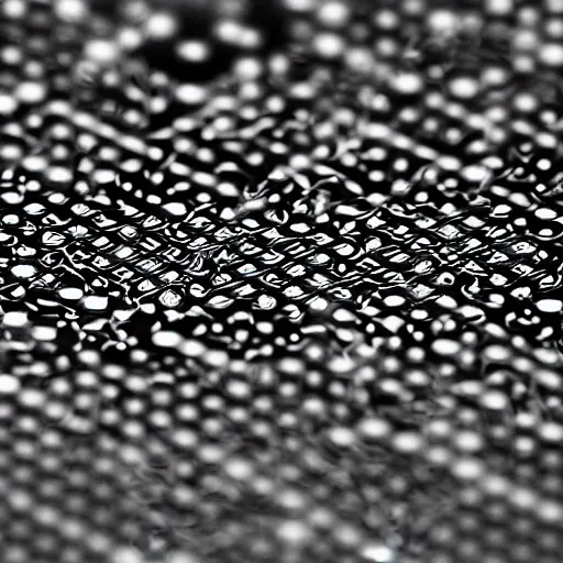 Prompt: electrons fighting on the surface of a microchip, ultra close up view, black and white