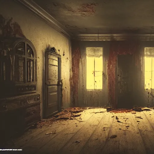 Image similar to a highly detailed photographic render of a creepy old haunted house, photos of a haunted living room, horror, bloody, ghost, creepy, cinematic lighting, cinematic scene, Volumetric lighting, Atmospheric scene, Dark, Horror, Atmospheric lighting, Global illumination cinematic render, film, beautifully lit, ray traced, octane 3D render, octane render, unreal engine