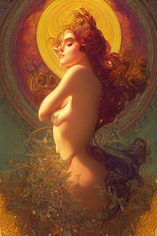 Image similar to portrait of a beautiful goddess by artgerm, mandala, rococo, vivid color, complementary color, golden ratio, detailed, sharp lines, sharp focus, intricate, rainbowshift, by maxfield parrish, by peter mohrbacher, by gustave dore, by alphonse mucha, deviantart, octane render